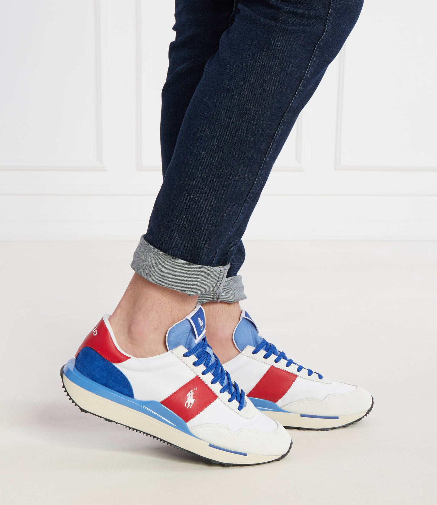 TENIS TRAIN 89 RALPH LAUREN GAMUZA Y CUERO BLANCO ROJO