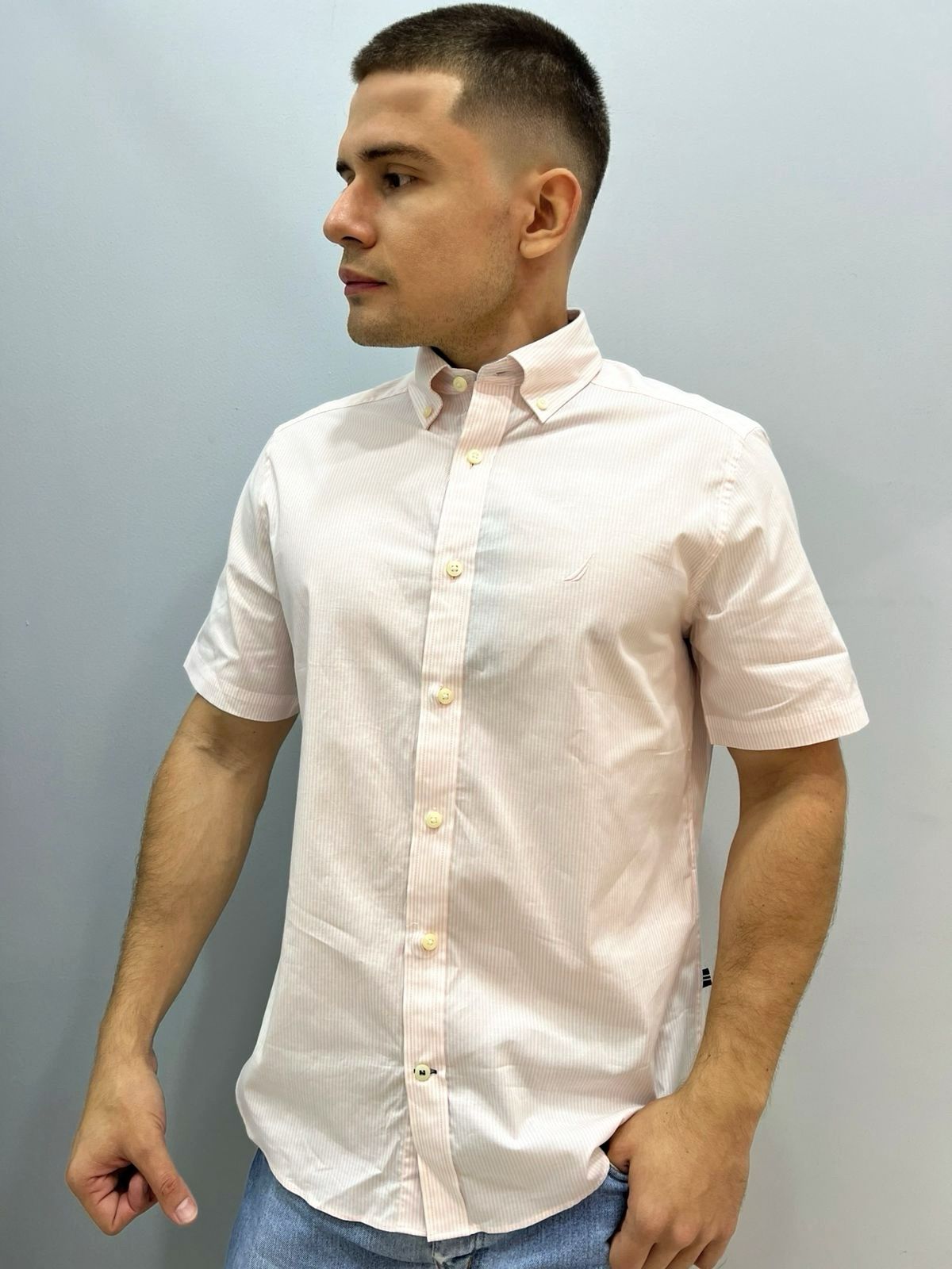 CAMISA NAUTICA EN ALGODON STRETCH A RAYAS MANGA CORTA