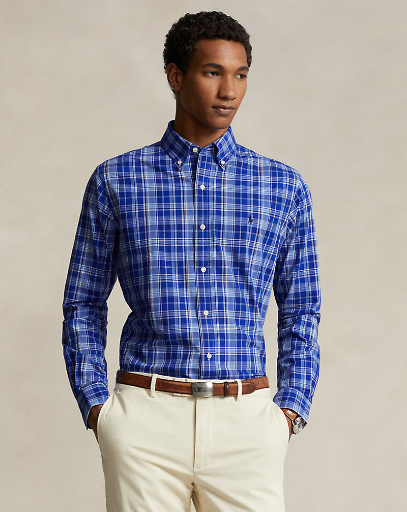 CAMISA CUSTOM FIT POPELINA STRETCH A CUADROS AZUL