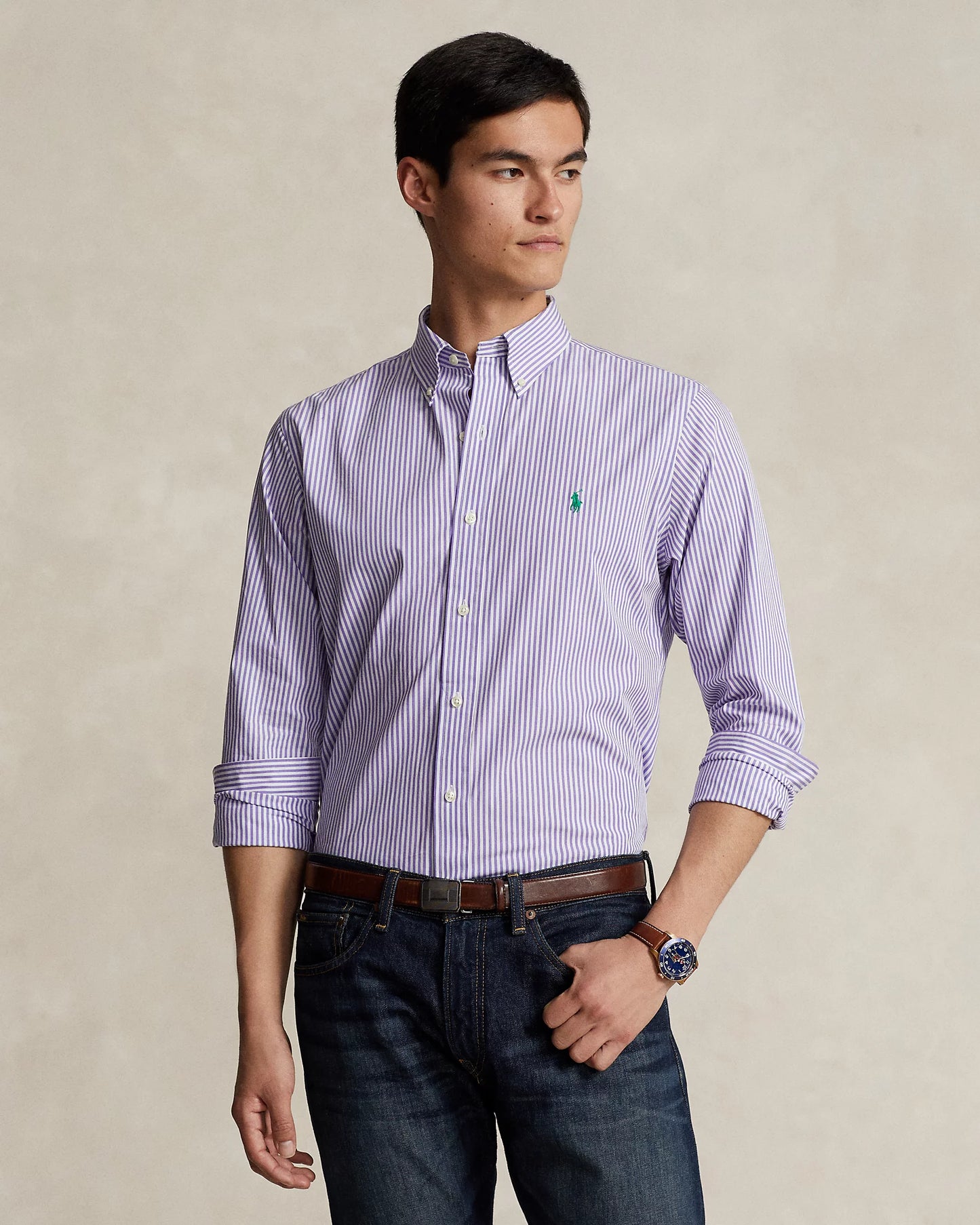 CAMISA RALPH LAUREN POPELINA STRETCH RAYAS LILA