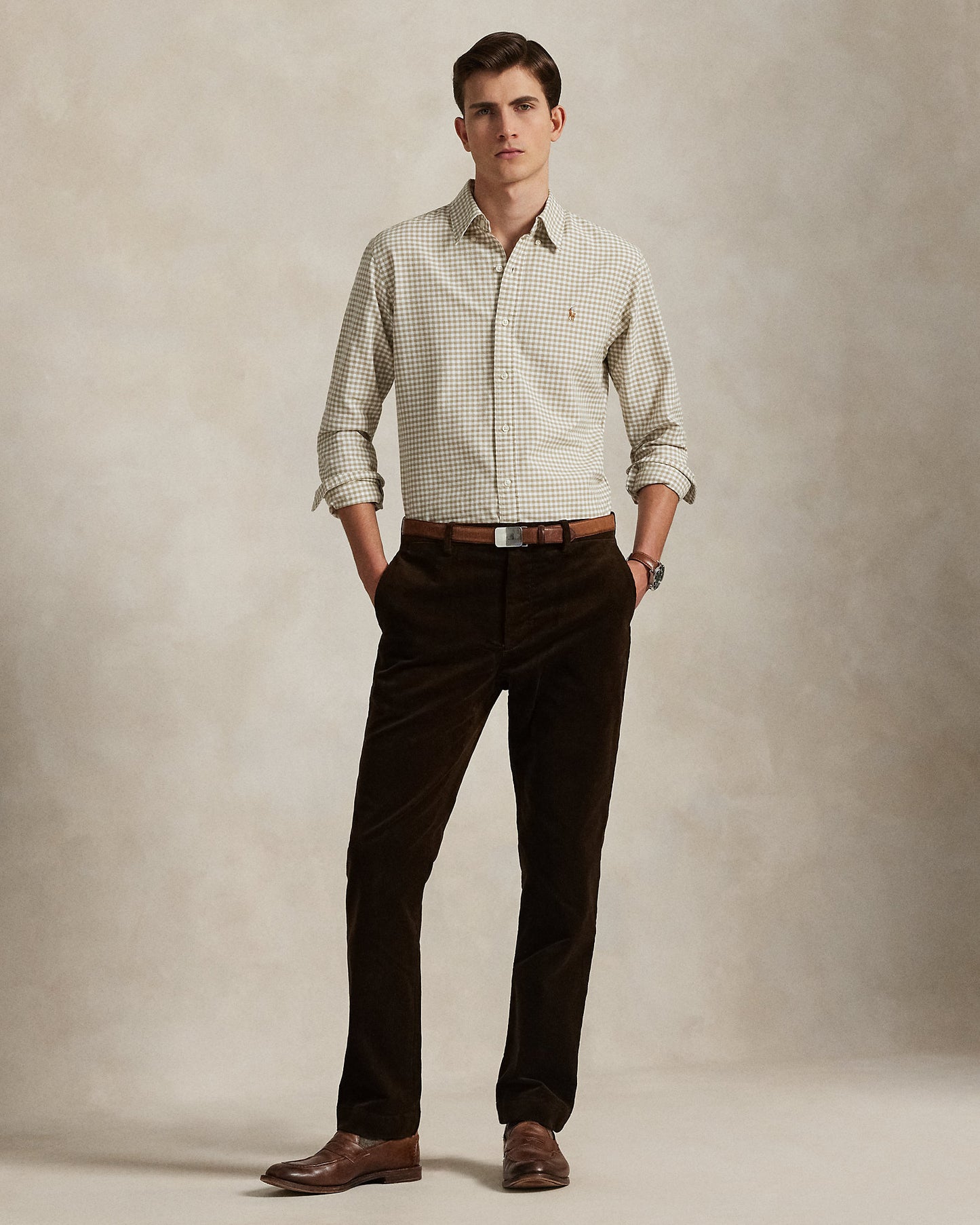 CAMISA CUSTOM FIT OXFORD GINGHAM COASTAL BEIGE
