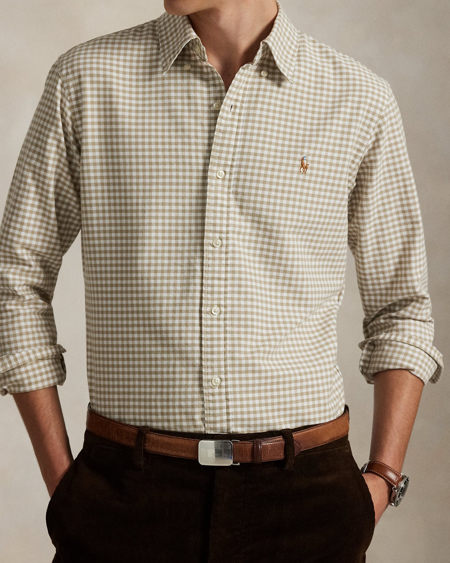 CAMISA CUSTOM FIT OXFORD GINGHAM COASTAL BEIGE