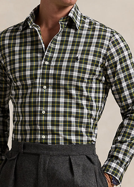 CAMISA CUSTOM FIT EN POPELINA STRETCH CUADROS VERDE