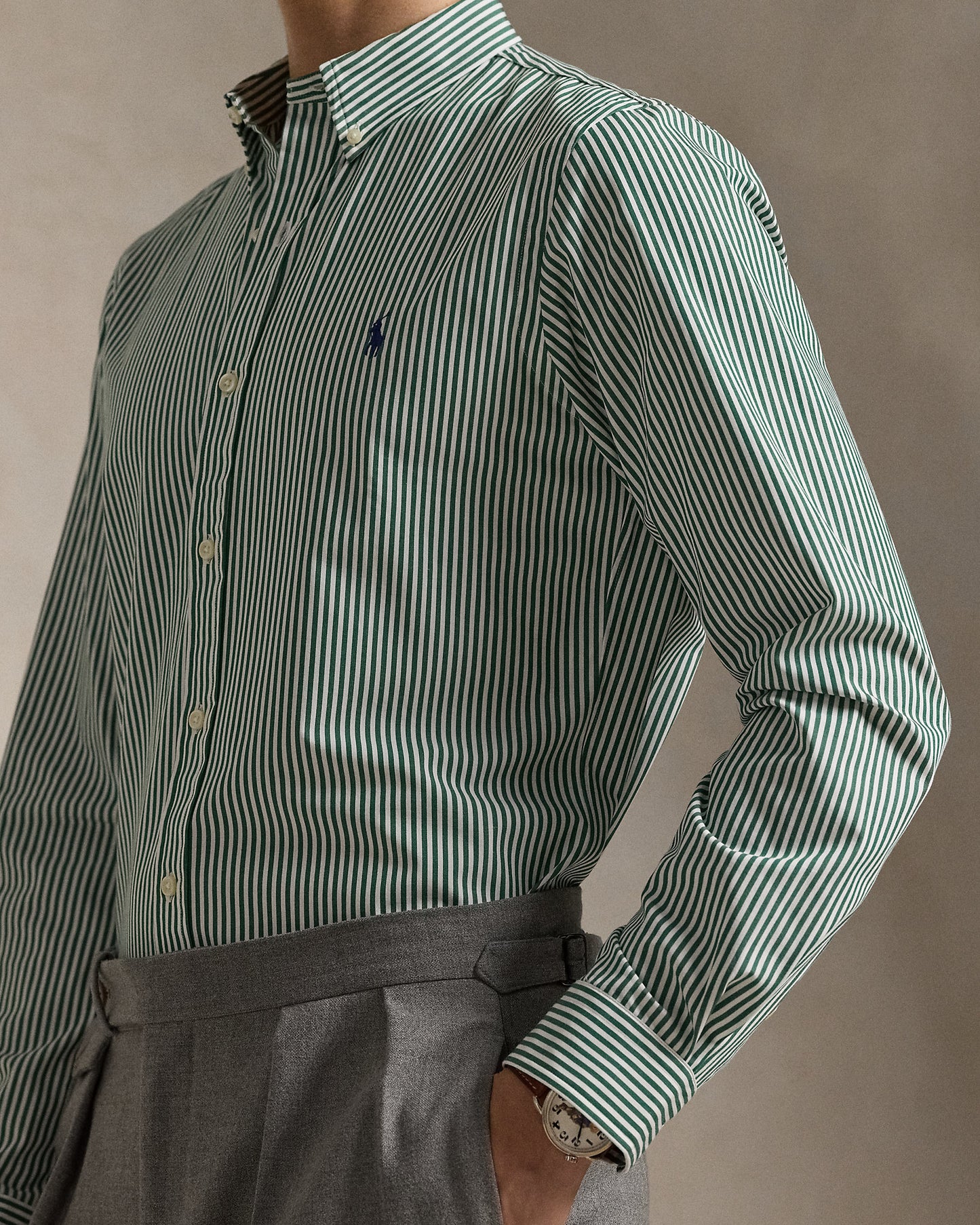 CAMISA CUSTOM FIT POPELINA STRETCH RAYAS VERDE