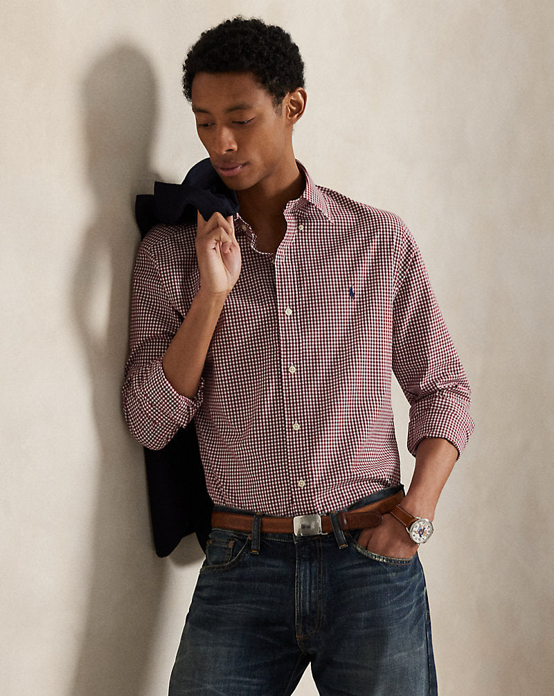 CAMISA CUSTOM FIT EN POPELINA STRETCH A CUADROS VINO