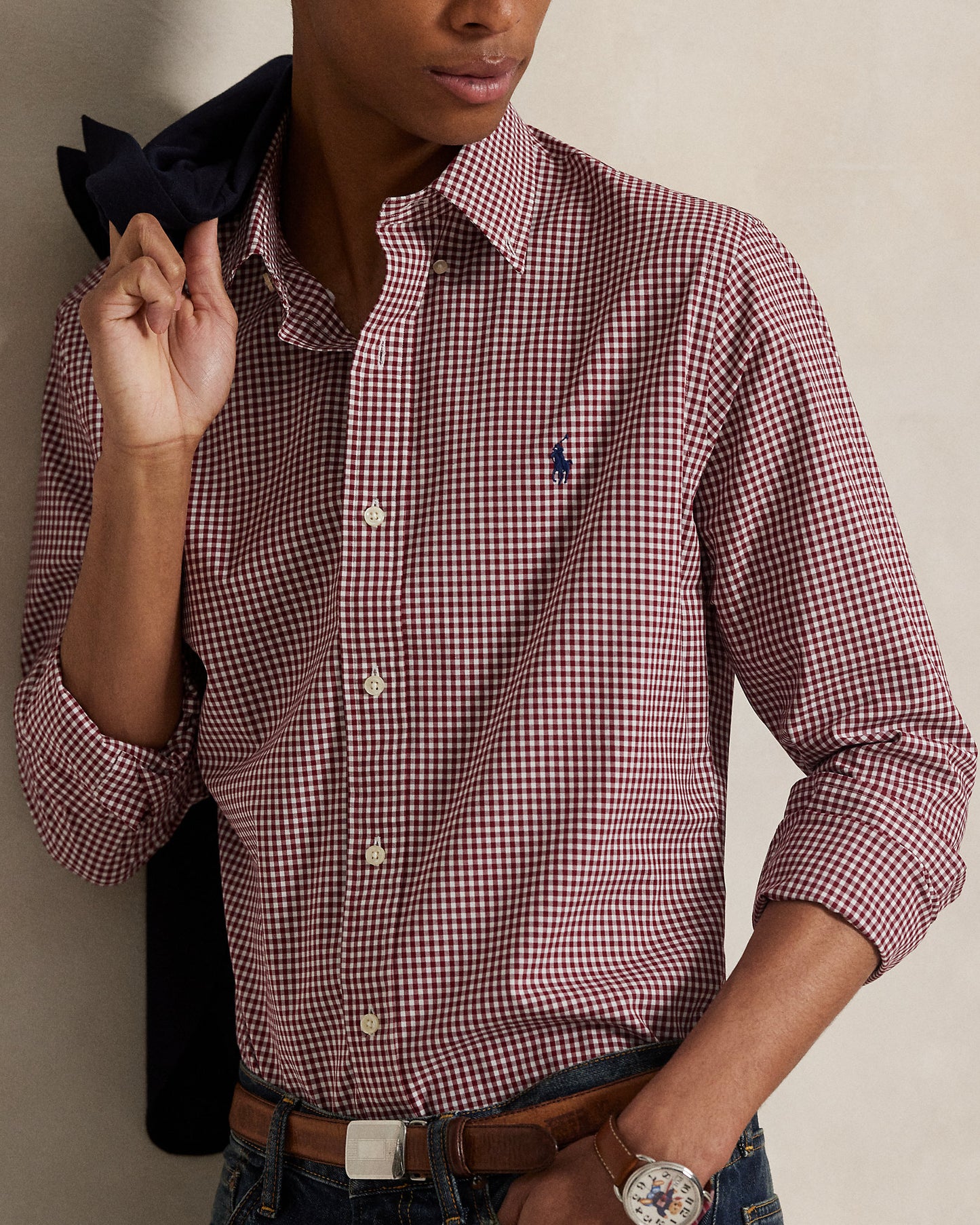 CAMISA CUSTOM FIT EN POPELINA STRETCH A CUADROS VINO