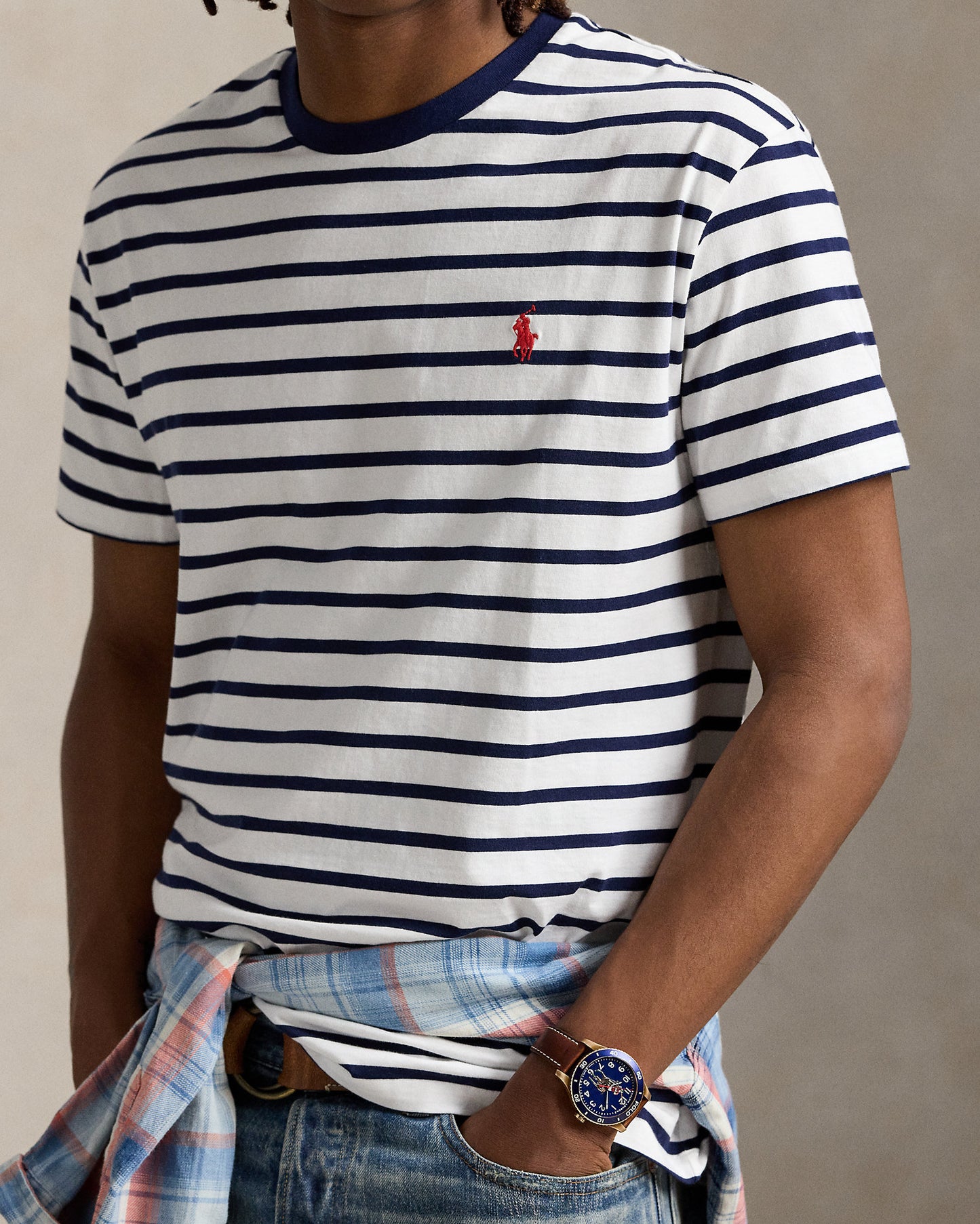 CAMISETA CLASSIC FIT DE ALGODON DE PUNTO A RAYAS NAVY