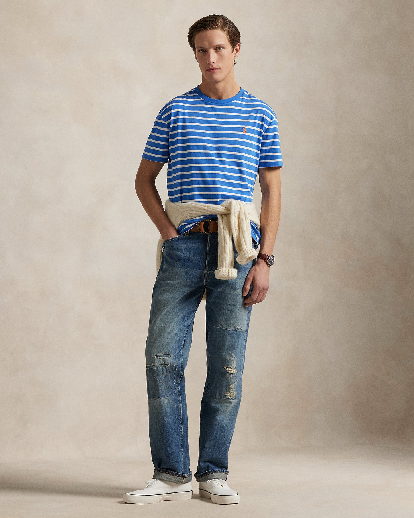 CAMISETA CLASSIC FIT DE ALGODON DE PUNTO A RAYAS EMBAIMENT BLUE