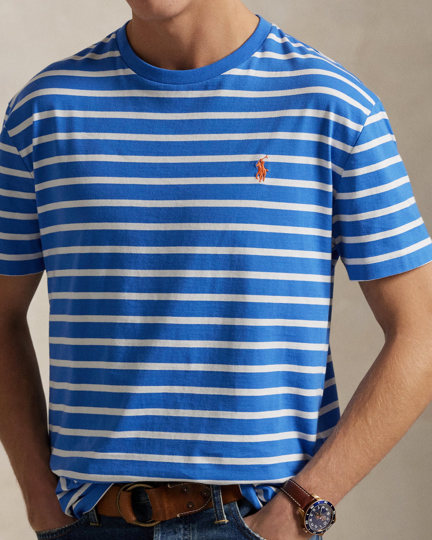 CAMISETA CLASSIC FIT DE ALGODON DE PUNTO A RAYAS EMBAIMENT BLUE
