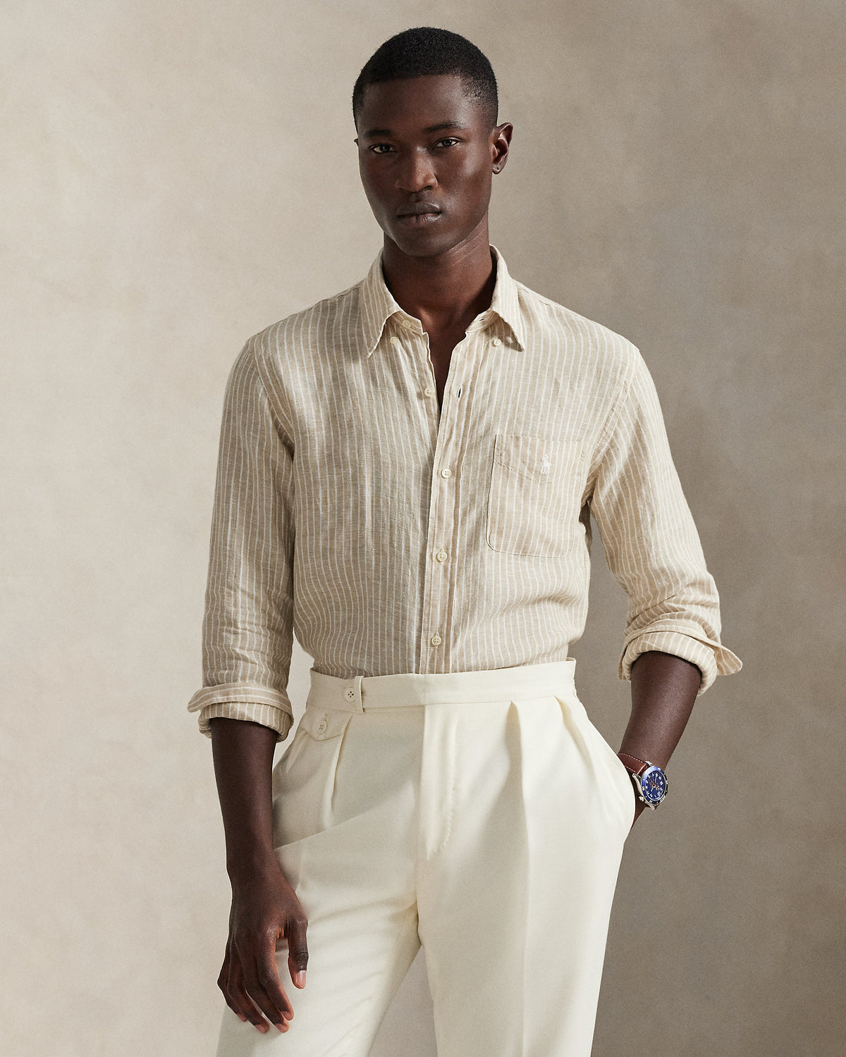 CAMISA DE LINO LIGERO CON RAYAS CUSTOM FIT COSTAL BEIGE