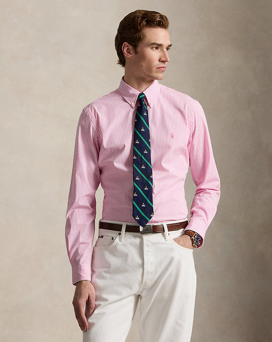 CAMISA CUSTOM FIT DE POPELINA ELASTICA PINK/WHITE RAYAS