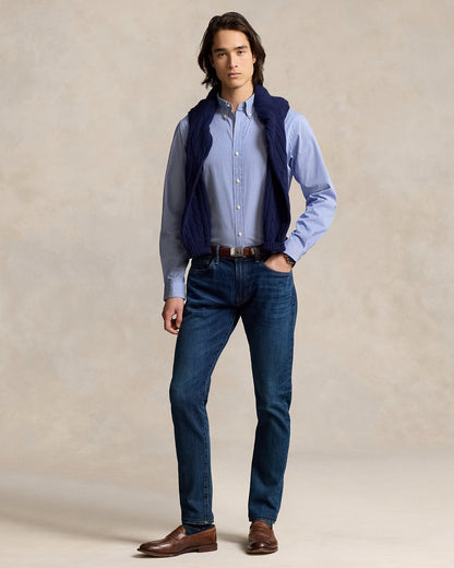 CAMISA DE POPELINA STRETCH CUSTOM FIT CON DISEÑO DE RAYA FINA VERTICAL AZUL