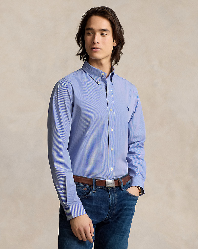 CAMISA DE POPELINA STRETCH CUSTOM FIT CON DISEÑO DE RAYA FINA VERTICAL AZUL