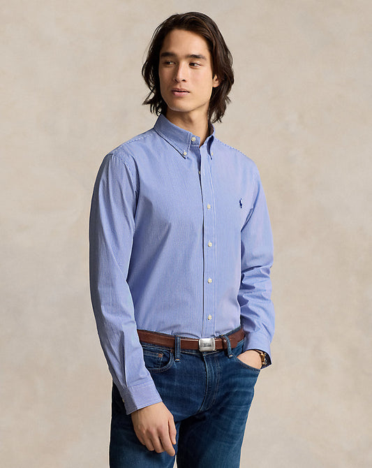CAMISA DE POPELINA STRETCH CUSTOM FIT CON DISEÑO DE RAYA FINA VERTICAL AZUL