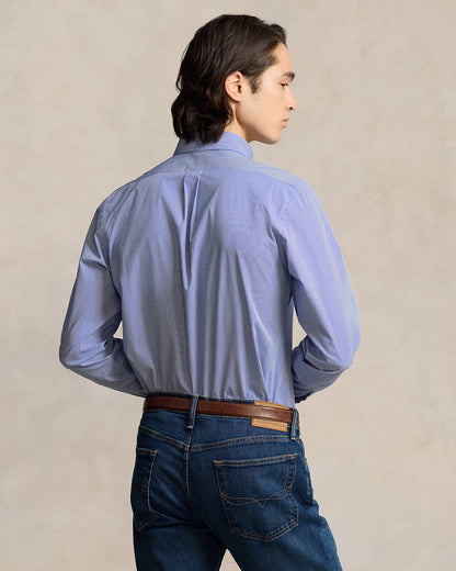 CAMISA DE POPELINA STRETCH CUSTOM FIT CON DISEÑO DE RAYA FINA VERTICAL AZUL