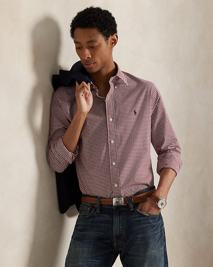 CAMISA CUSTOM FIT  EN POPELINA STRETCH A CUADROS VINO