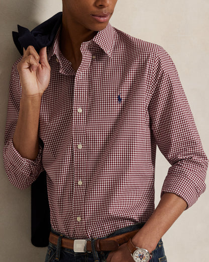 CAMISA CUSTOM FIT  EN POPELINA STRETCH A CUADROS VINO