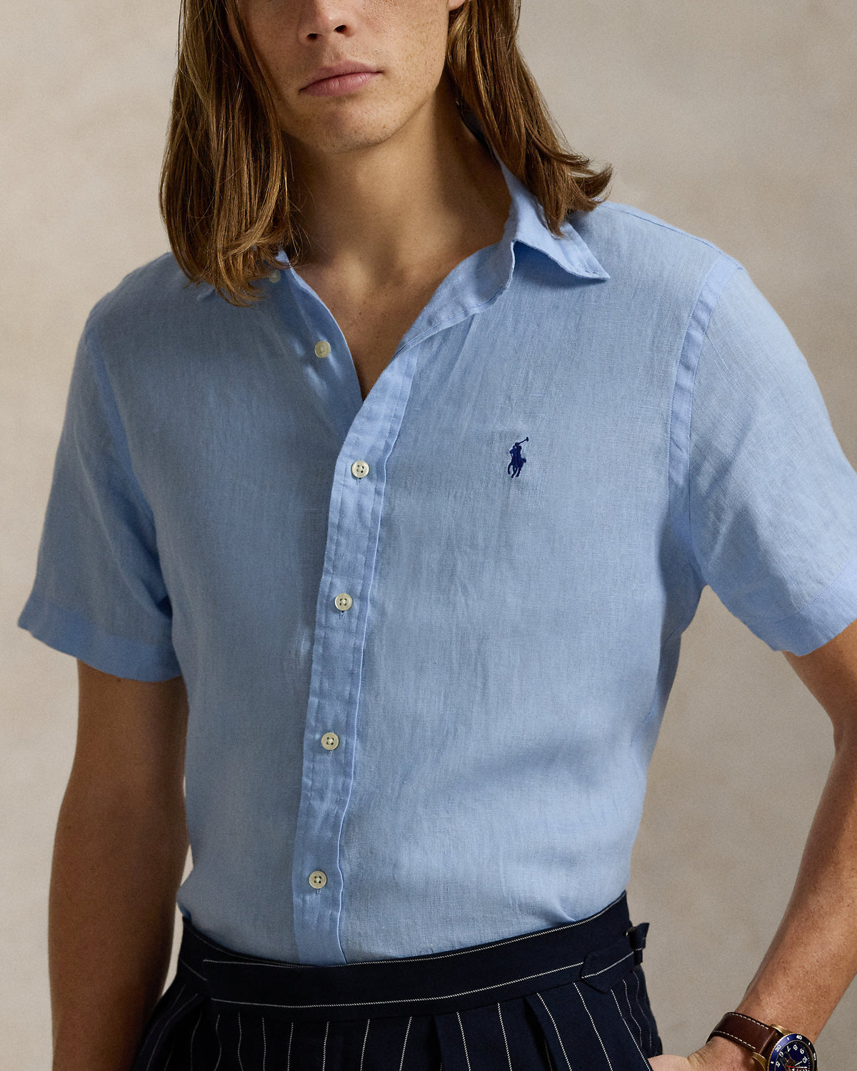 CAMISA CUSTOM FIT MANGA CORTA EN LINO LIGERO OFFICE BLUE