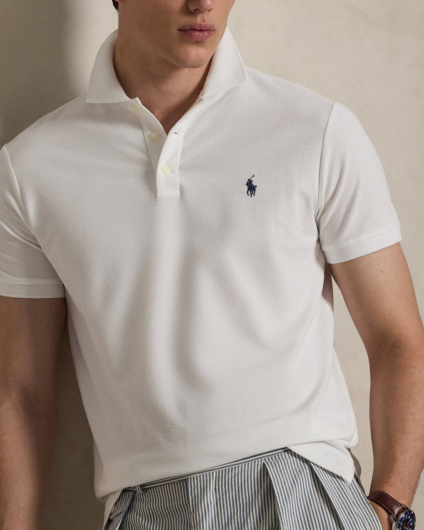 POLO DE PIQUE CUSTOM SLIM CON TEXTURA DE MALLA DE PANAL WHITE
