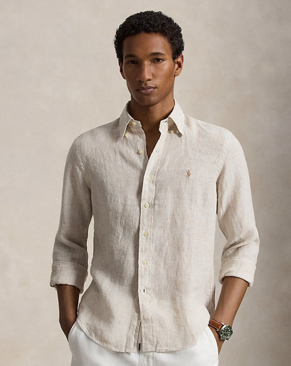 CAMISA DE LINO LIGERO CON RAYAS FINAS CUSTOM FIT COASTAL  BEIGE