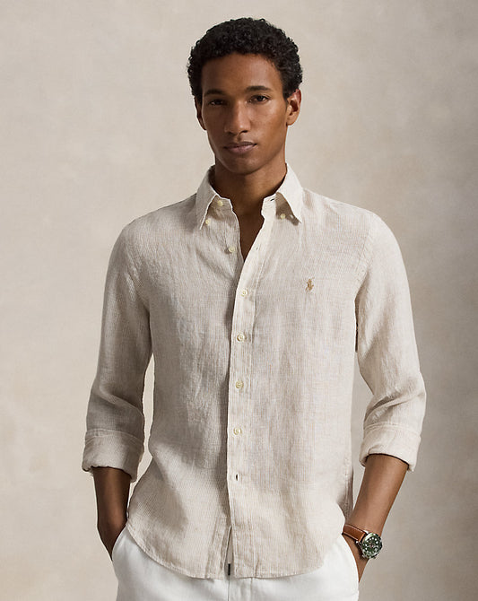 CAMISA DE LINO LIGERO  CON FINAS RAYAS CUSTOM FIT COSTAL  BEIGE
