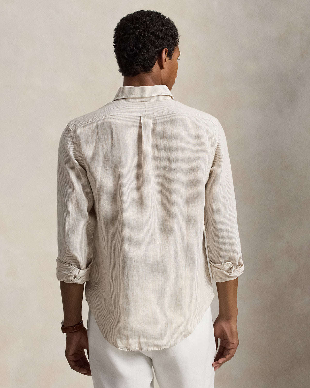 CAMISA DE LINO LIGERO CON RAYAS FINAS CUSTOM FIT COASTAL  BEIGE