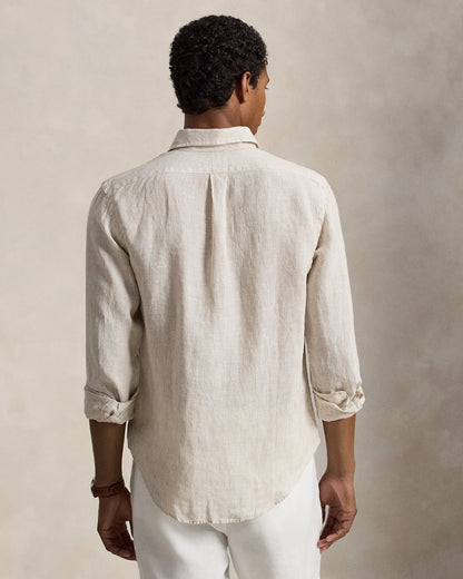 CAMISA DE LINO LIGERO CON RAYAS FINAS CUSTOM FIT COASTAL  BEIGE