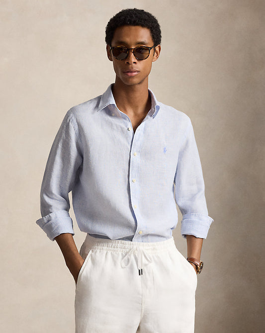 CAMISA DE LINO LIGERO  CON FINAS RAYAS CUSTOM FIT CABANA BLUE