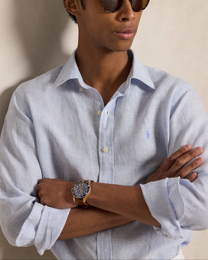 CAMISA DE LINO LIGERO  CON FINAS RAYAS CUSTOM FIT CABANA BLUE