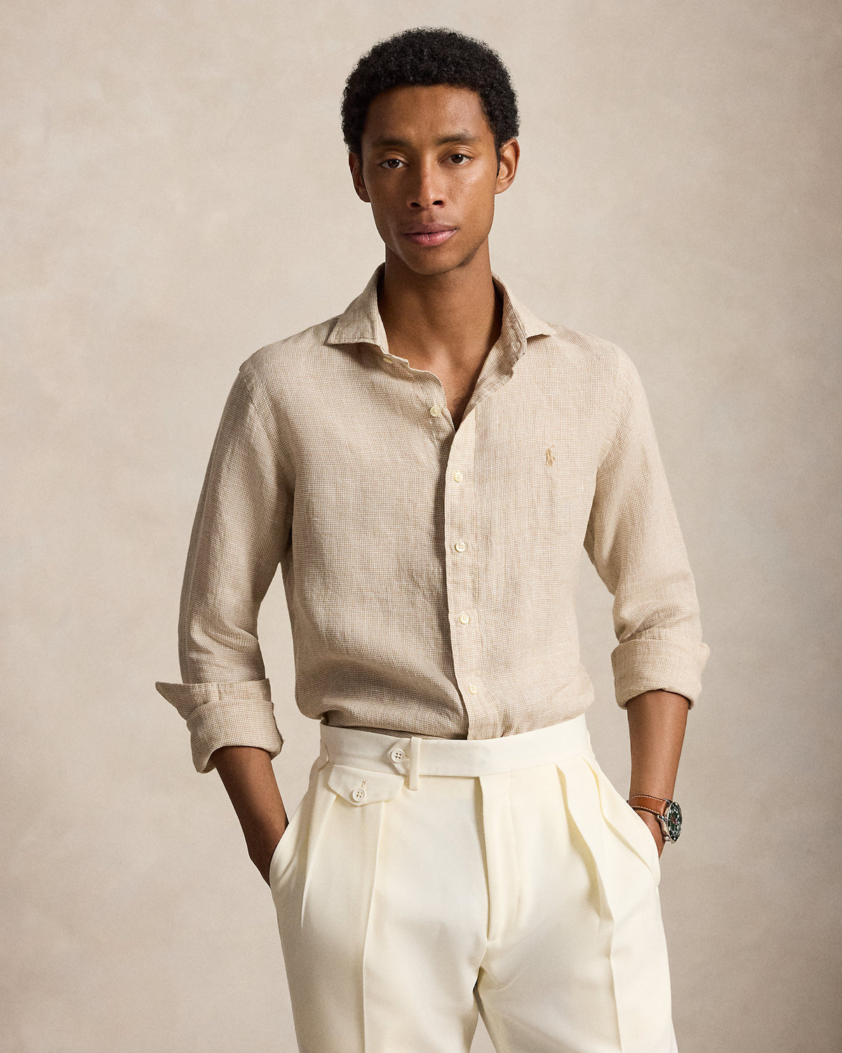 CAMISA DE LINO LIGERO CON MINI CHECKED CUSTOM FIT COSTAL  BEIGE