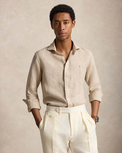 CAMISA DE LINO LIGERO CON MINI CHECKED CUSTOM FIT COSTAL  BEIGE