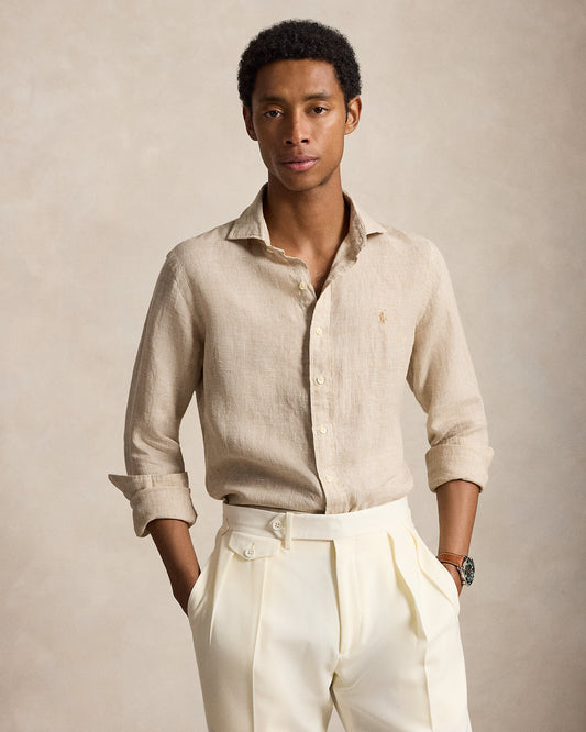CAMISA DE LINO LIGERO CON MINI CHECKED CUSTOM FIT COSTAL  BEIGE