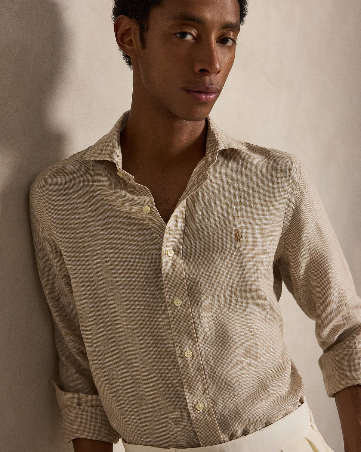 CAMISA DE LINO LIGERO CON MINI CHECKED CUSTOM FIT COSTAL  BEIGE