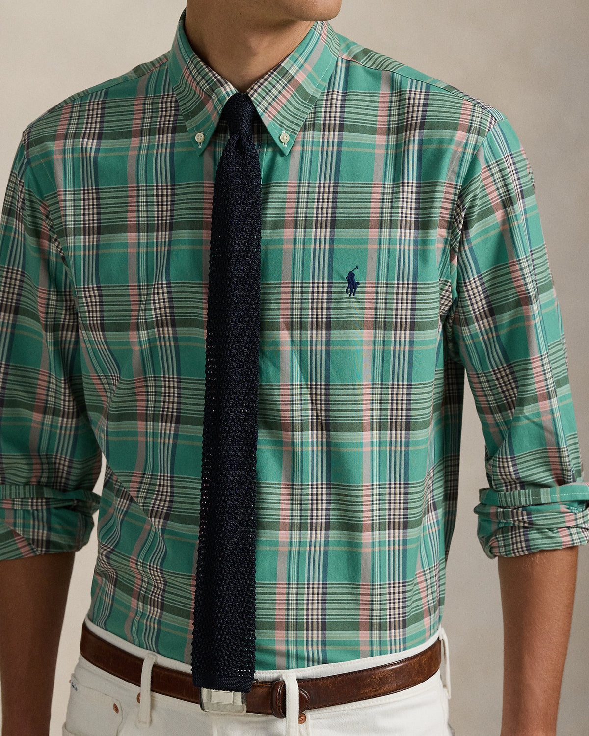 CAMISA CUSTOM FIT DE POPELINA A CUADROS GREEN PINK