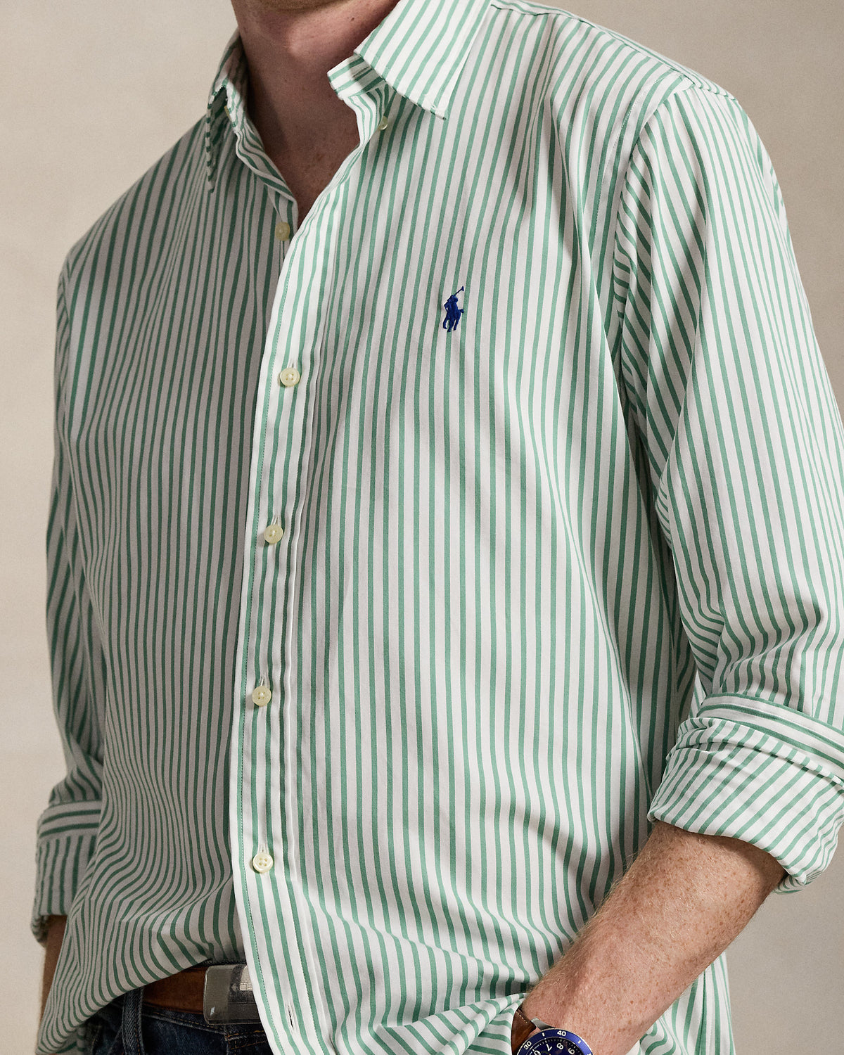 CAMISA CUSTOM FIT DE POPELINA LIGERA A RAYAS SEA FOAM WHITE
