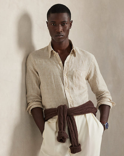 CAMISA DE LINO LIGERO  CON RAYAS CUSTOM FIT COSTAL  BEIGE