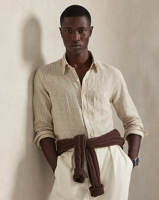 CAMISA DE LINO LIGERO  CON RAYAS CUSTOM FIT COSTAL  BEIGE