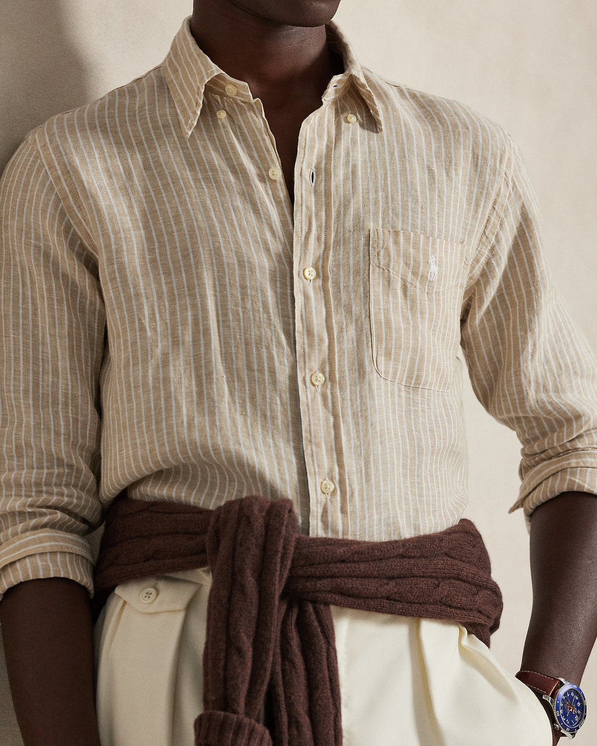 CAMISA DE LINO LIGERO  CON RAYAS CUSTOM FIT COSTAL  BEIGE