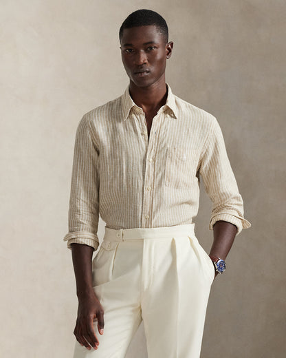 CAMISA DE LINO LIGERO  CON RAYAS CUSTOM FIT COSTAL  BEIGE