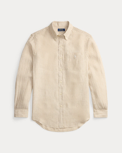 CAMISA DE LINO LIGERO  CON RAYAS CUSTOM FIT COSTAL  BEIGE